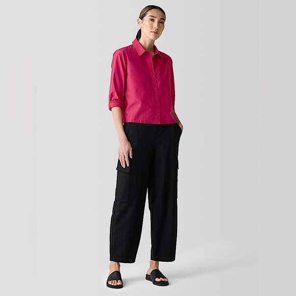 Eileen Fisher Washed Organic Cotton Poplin Classic Collar Short Shirt, Azalea, S - Picture 2 of 13